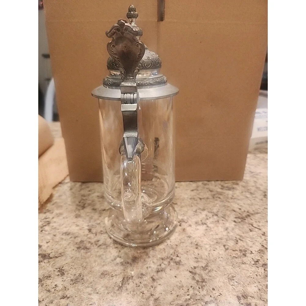 Vintage Crystal Glass Beer Stein‎ Pine Trees Etching Pewter Lid No Name
